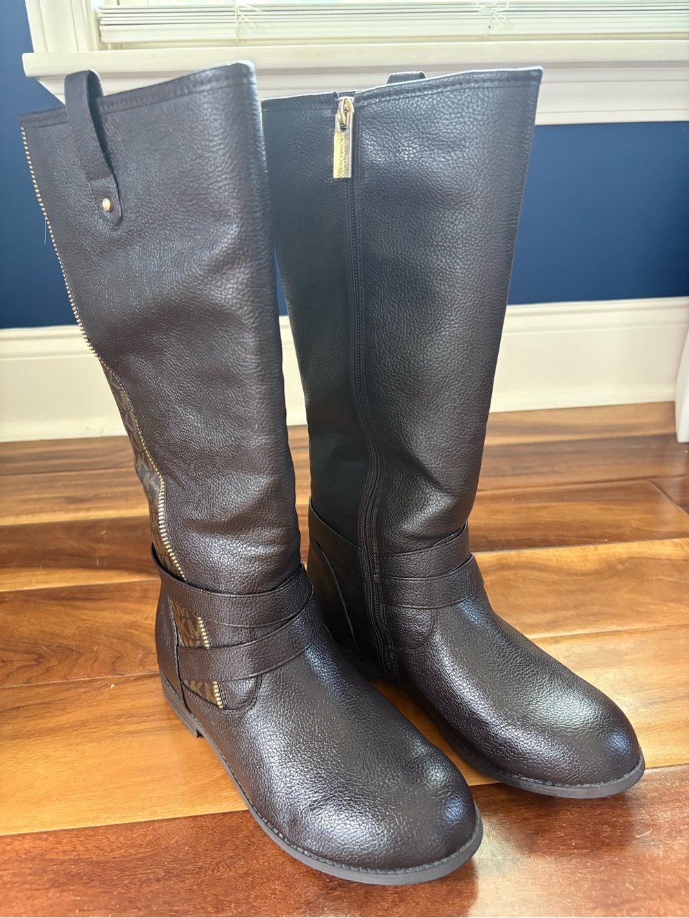 Michael Kors Dark Brown Tall Leather Riding Boots with Gold Zip Detail Size5